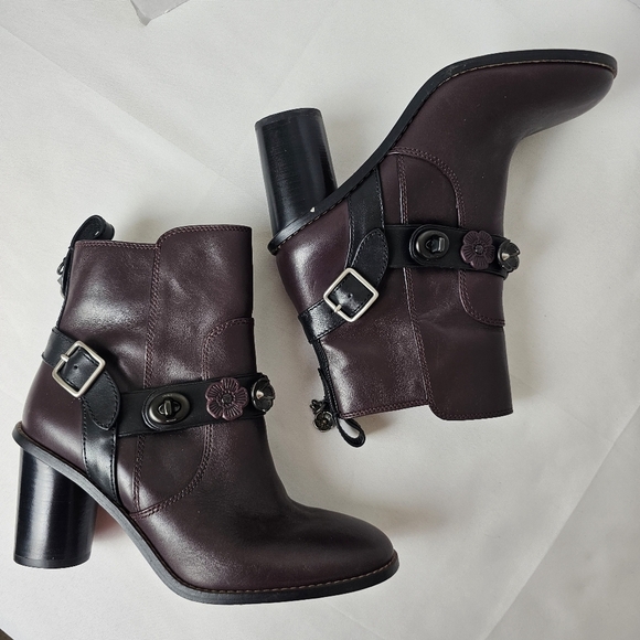 Coach Moto Tea Rose Leather Booties Oxblood Block Heel Ankle Boots Size 6.5 - Picture 6 of 16